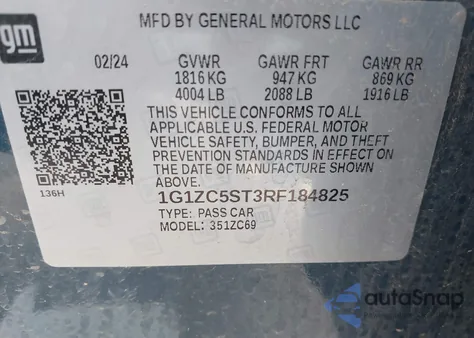 2024 Chevrolet Malibu Fwd 1Fl from USA, damaged, VIN 1G1ZC5ST3RF184825